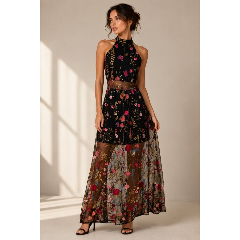 Betsey Johnson Maxi Dress Womens 4 Black sheer Floral Embroidered Halter Gown